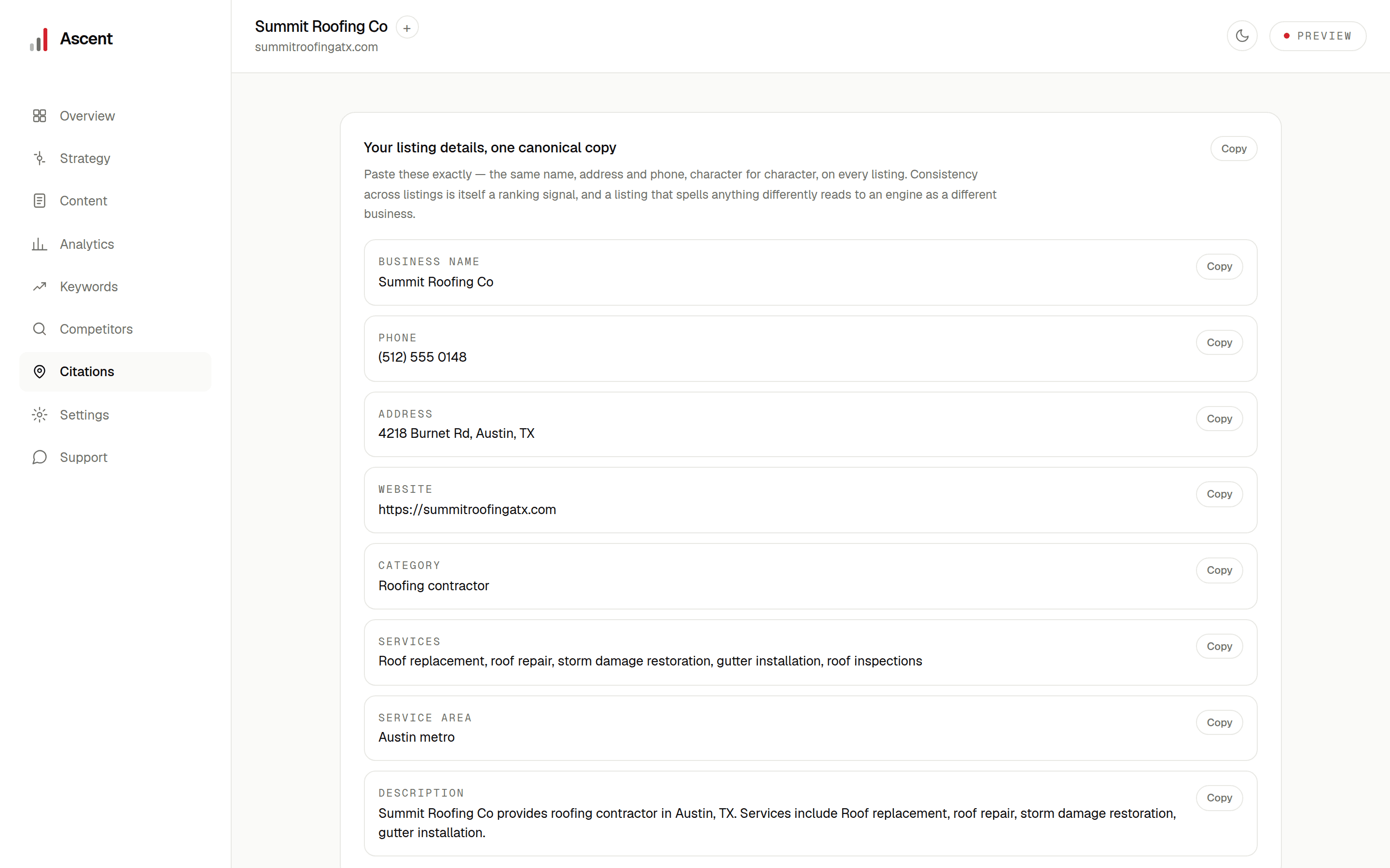 The citations tab with a canonical business data pack and a checklist of the directories that matter