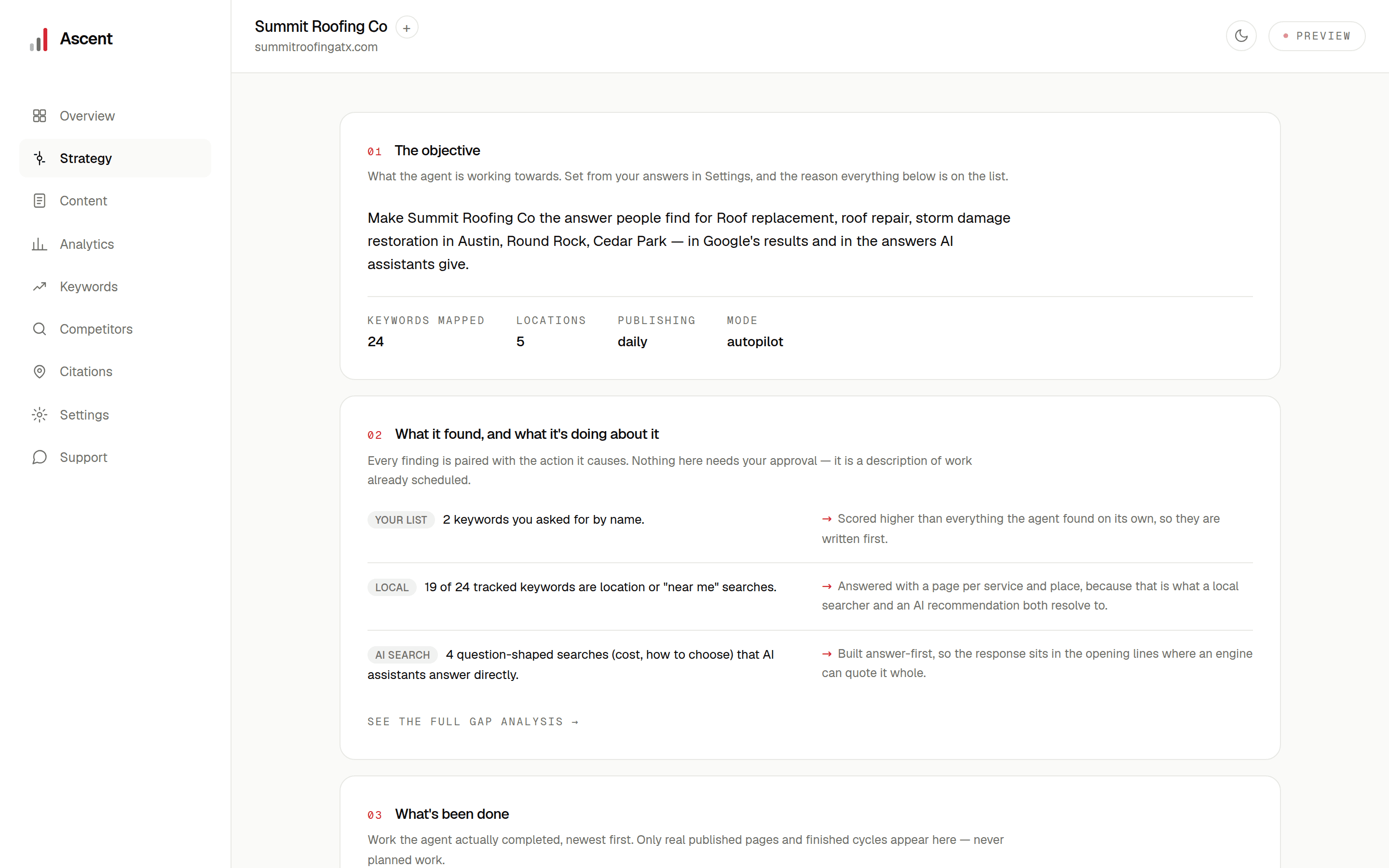The strategy tab stating the agent's objective, what it found in the market and the actions it scheduled in response