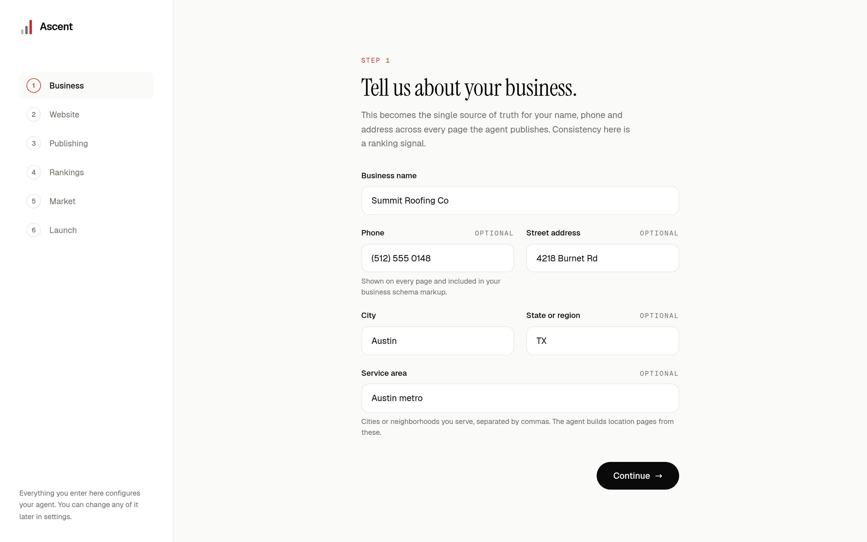 The onboarding wizard asking for basic business details